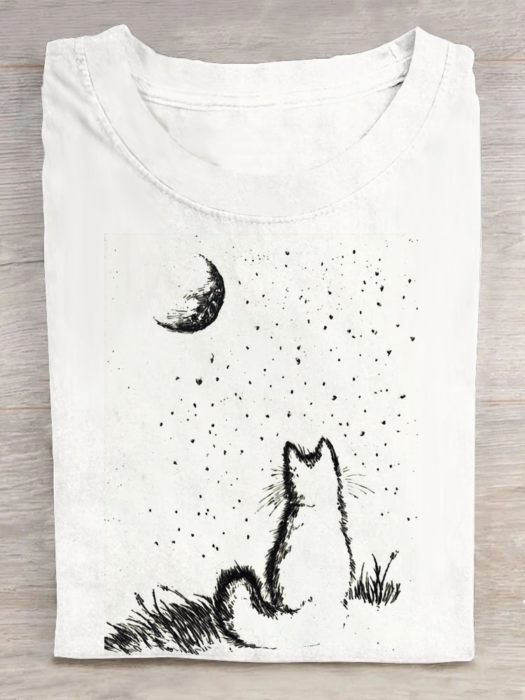 Nacht- Szene Katze Print Kurz Ärmeln Lässig T-Shirt