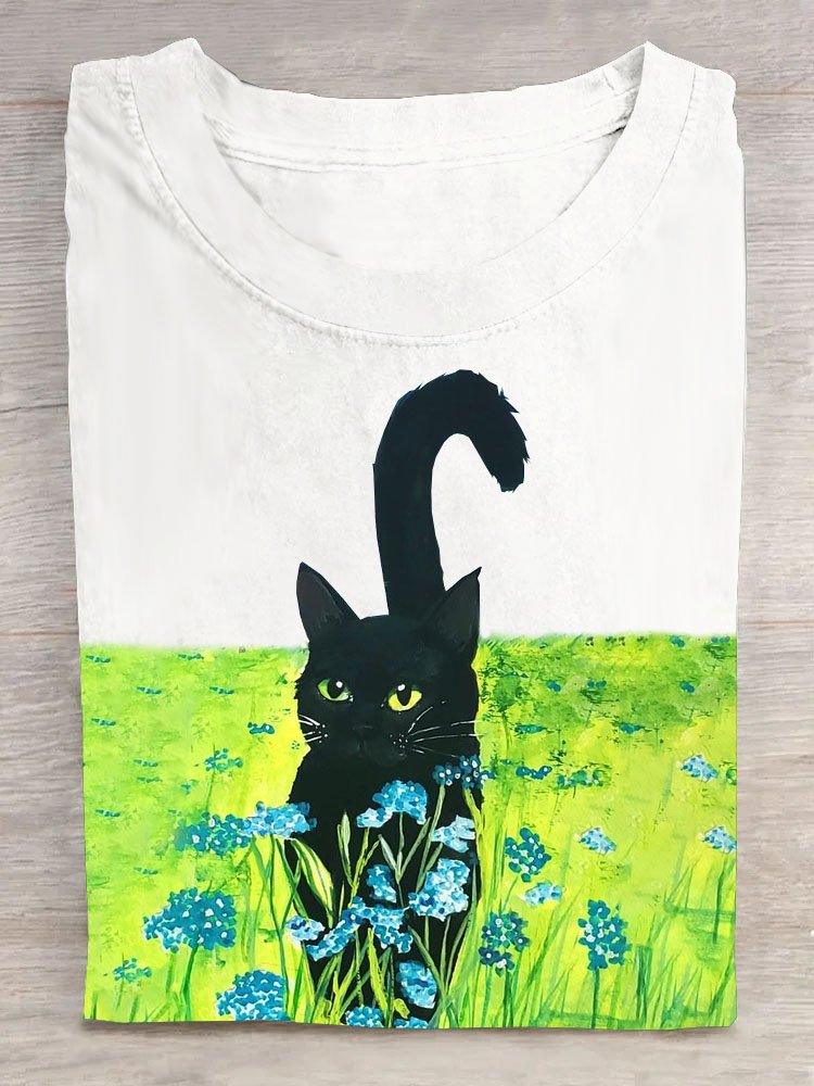 Geblümt Katze Print Kurzarm Lässig T-Shirt