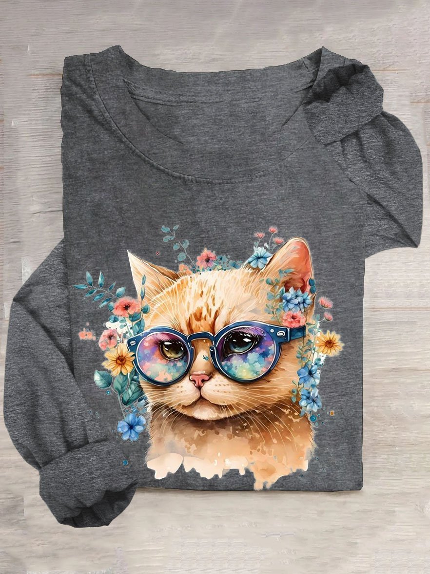 Geblümt Katze Print Lässig T-Shirt