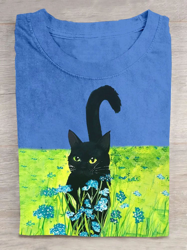 Geblümt Katze Print Kurzarm Lässig T-Shirt