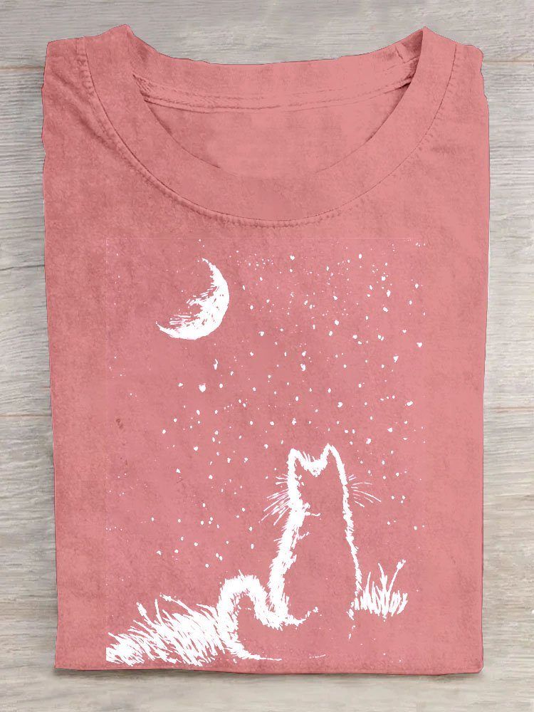 Nacht- Szene Katze Print Kurz Ärmeln Lässig T-Shirt