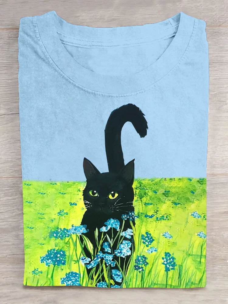 Geblümt Katze Print Kurzarm Lässig T-Shirt