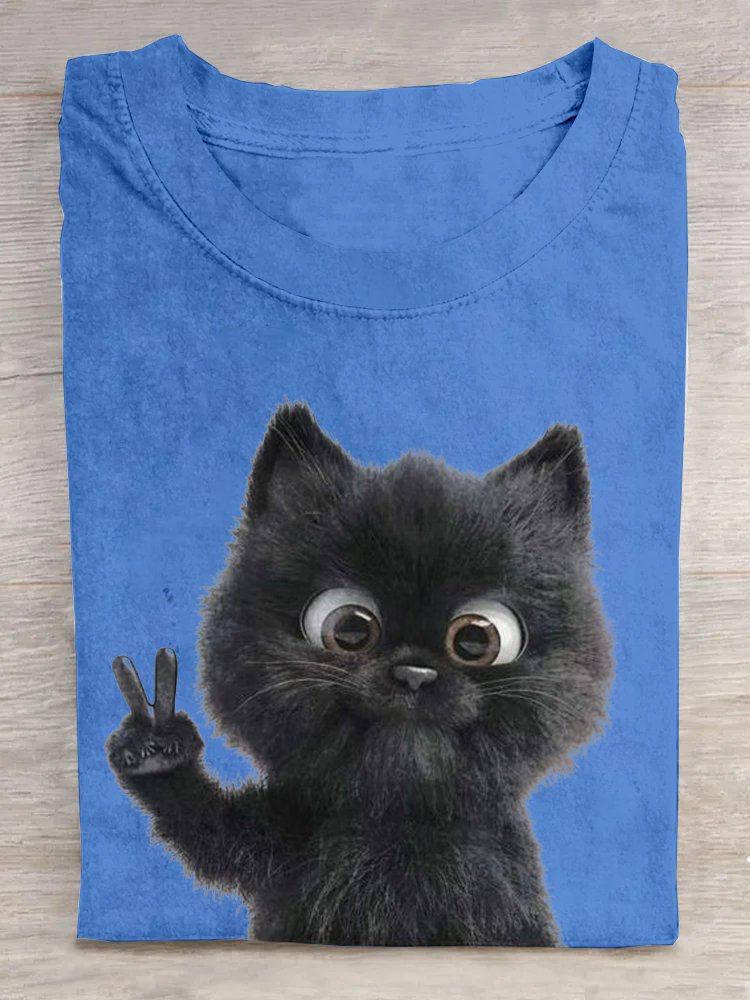 Weit Lässig Rundhals Katze T-Shirt