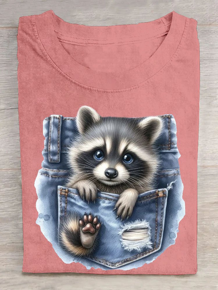 Lustig Tasche Waschbär Print Kurzarm Lässig T-Shirt