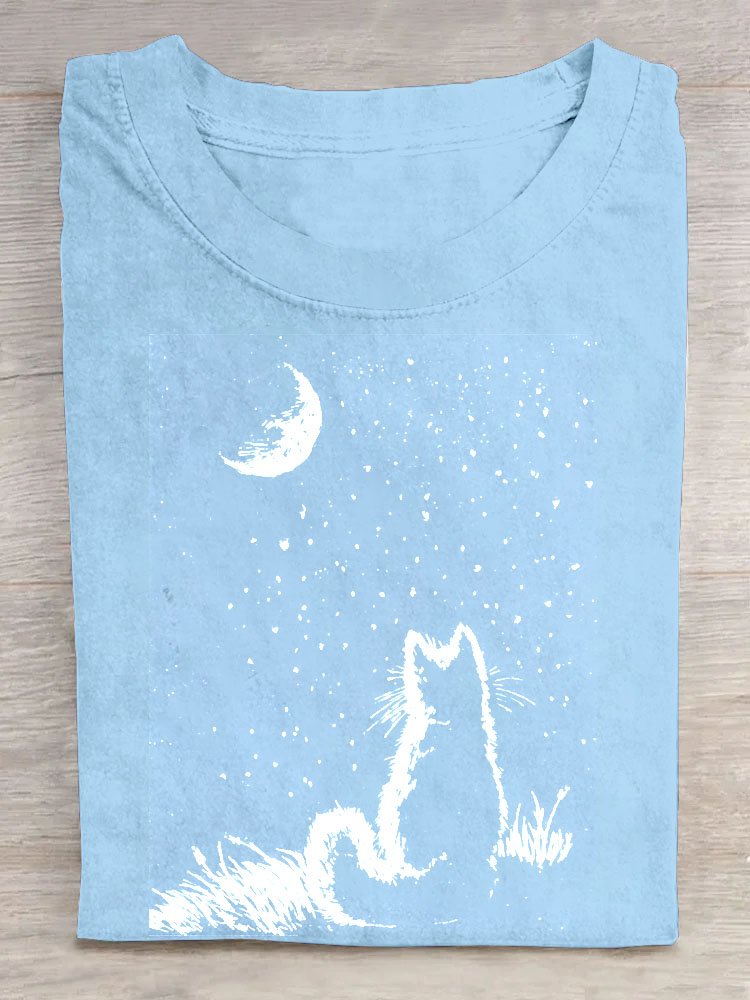 Nacht- Szene Katze Print Kurz Ärmeln Lässig T-Shirt