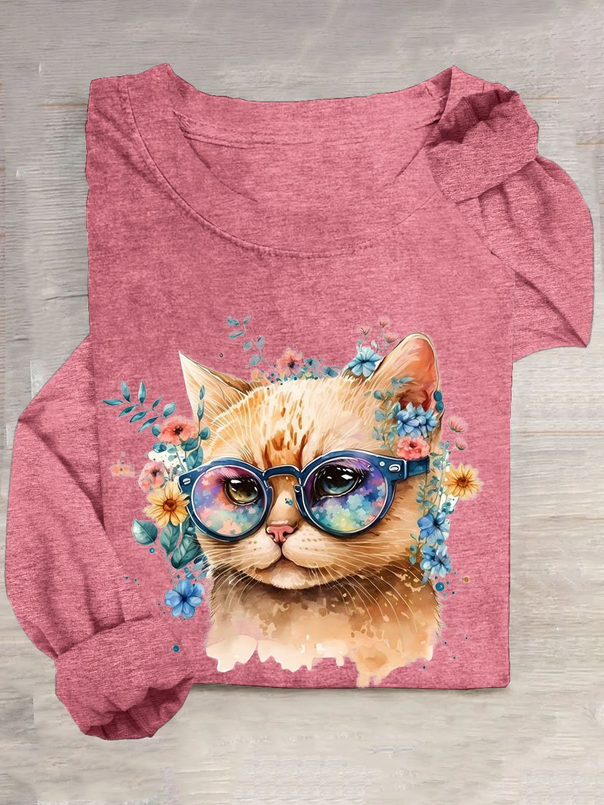 Geblümt Katze Print Lässig T-Shirt