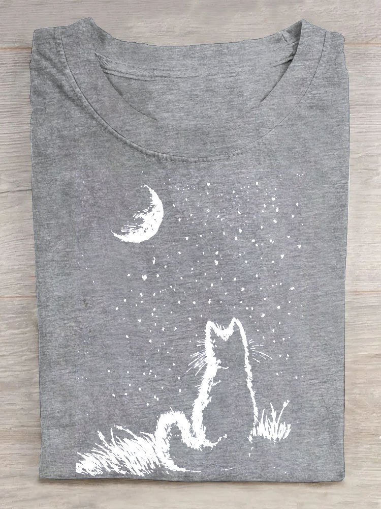 Nacht- Szene Katze Print Kurz Ärmeln Lässig T-Shirt