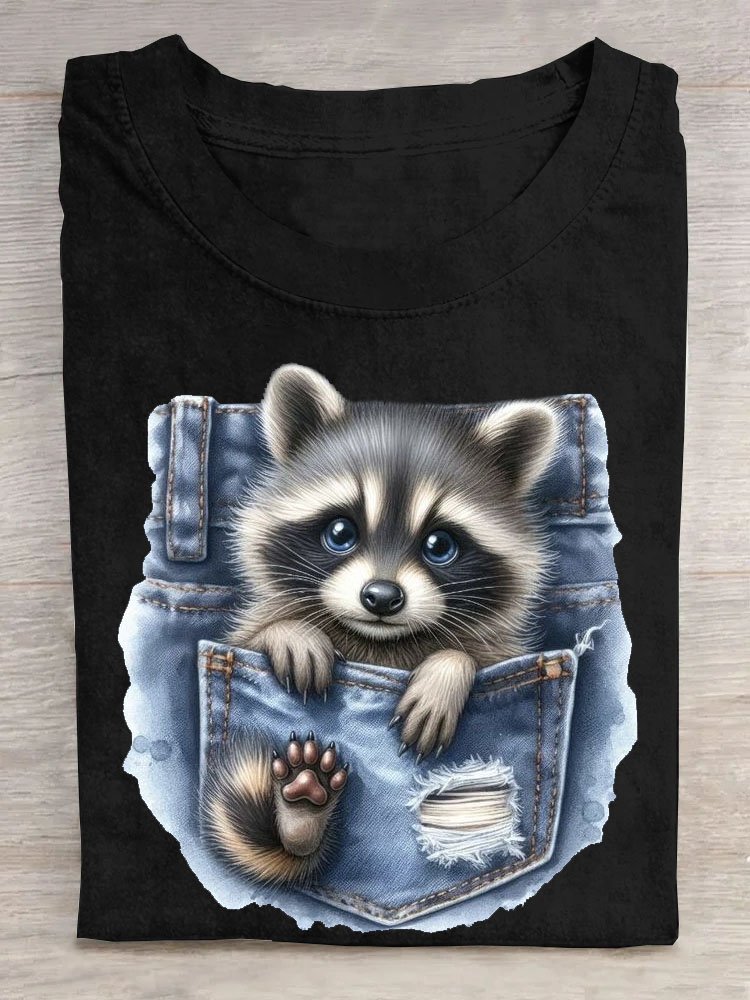 Lustig Tasche Waschbär Print Kurzarm Lässig T-Shirt