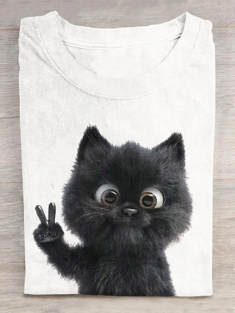 Weit Lässig Rundhals Katze T-Shirt