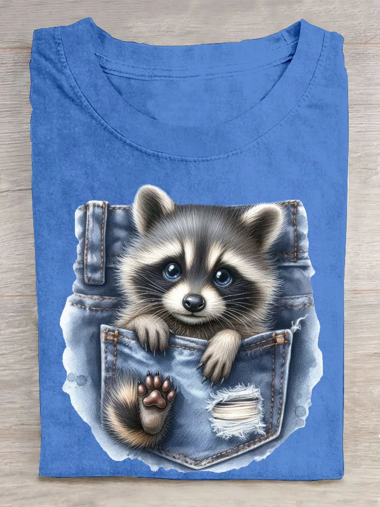 Lustig Tasche Waschbär Print Kurzarm Lässig T-Shirt