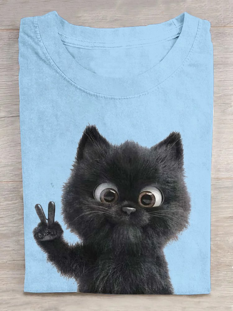 Weit Lässig Rundhals Katze T-Shirt