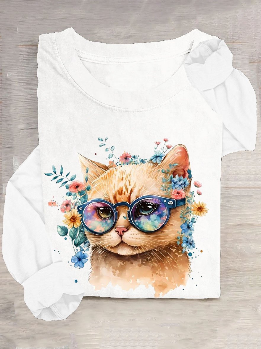 Geblümt Katze Print Lässig T-Shirt