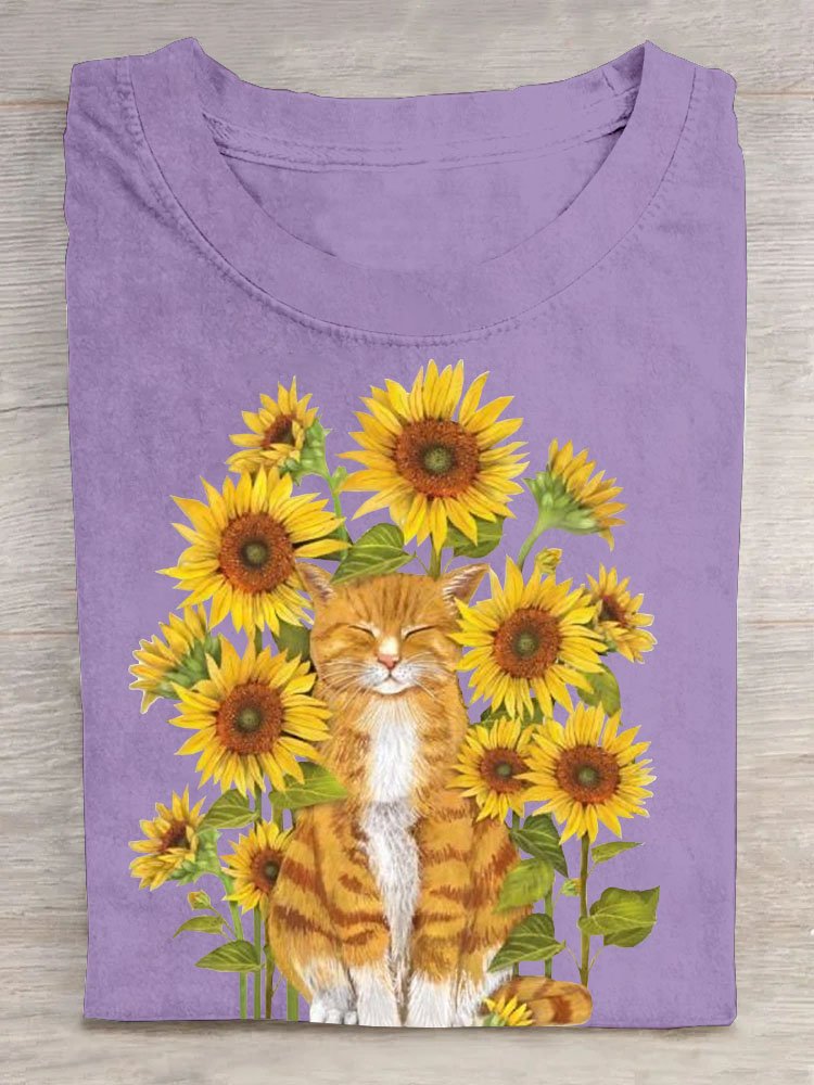 Sonnenblume Katze Print Damen Lässig Kurz Ärmeln T-Shirt