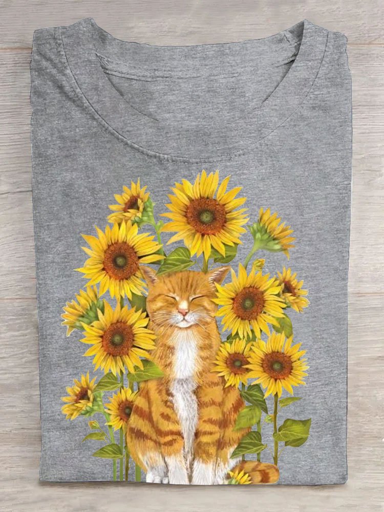 Sonnenblume Katze Print Damen Lässig Kurz Ärmeln T-Shirt