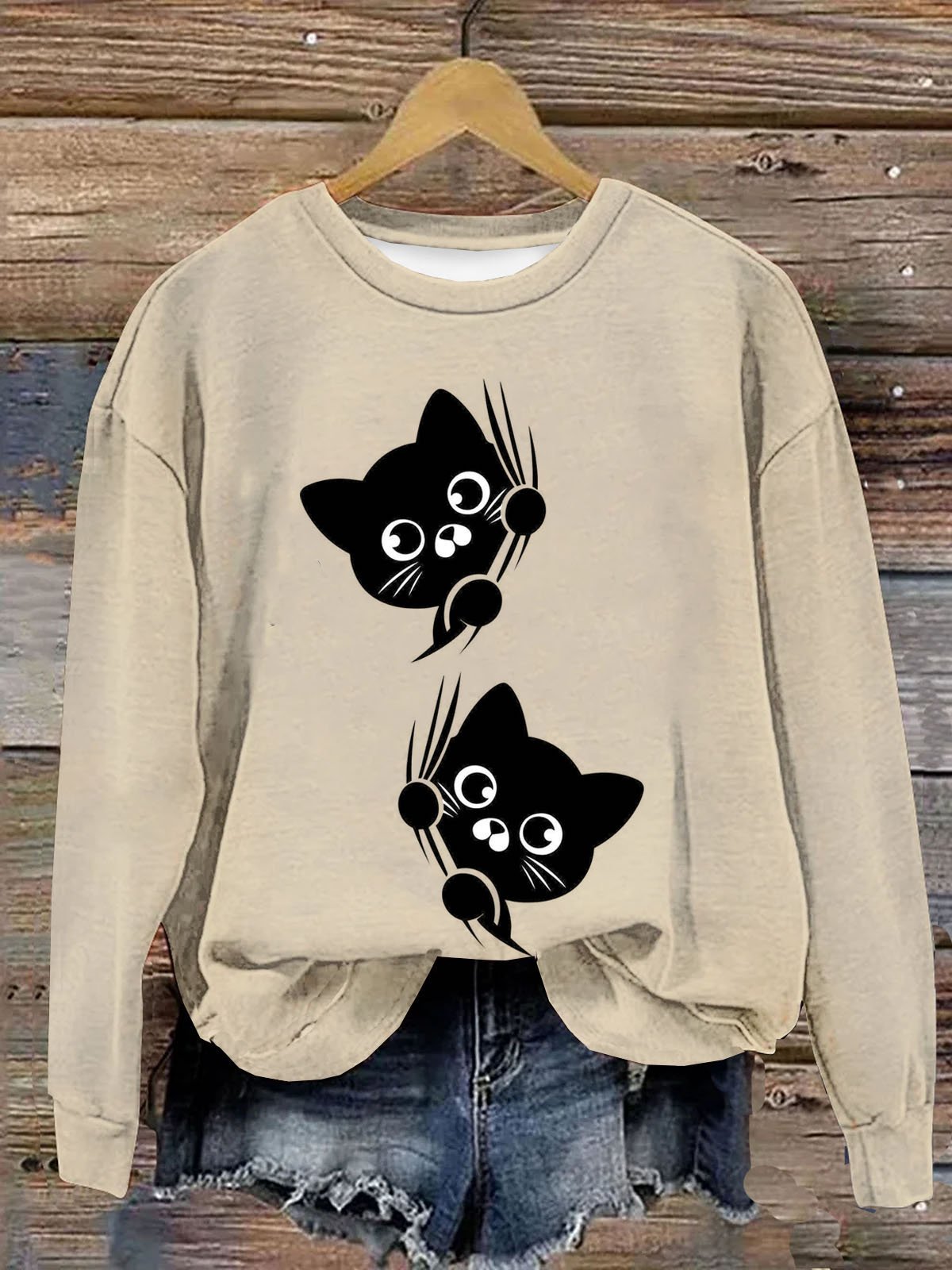 Lustig Katze Print Damen Lässig Langarm Rundhals Pullover Sweatshirt