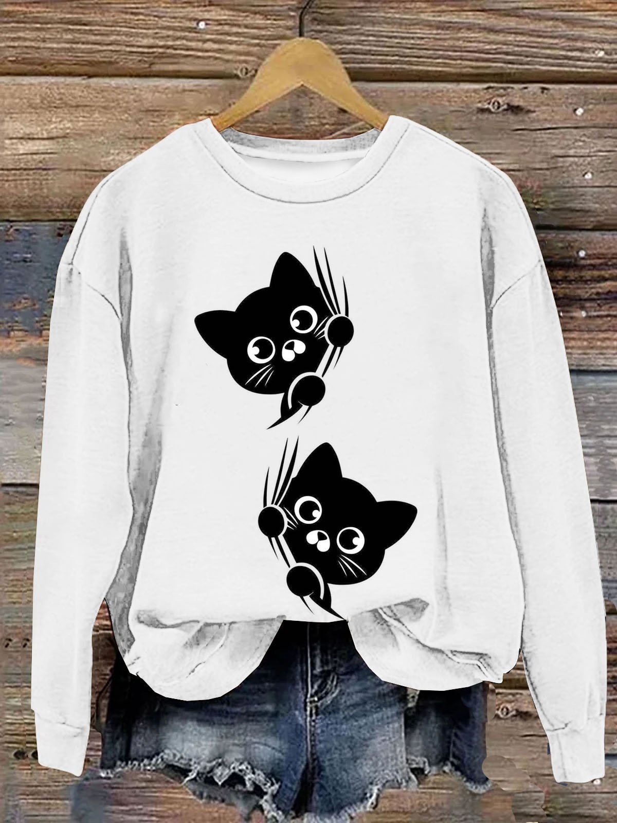 Lustig Katze Print Damen Lässig Langarm Rundhals Pullover Sweatshirt