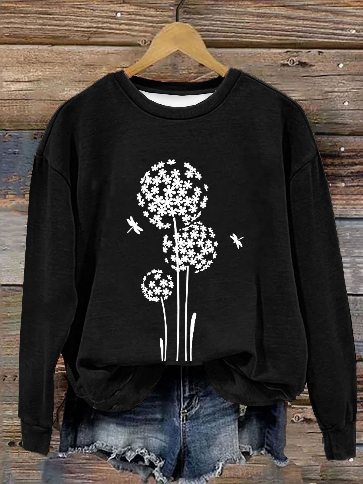 Löwenzahn Print Damen Lässig Langarm Rundhals Pullover Sweatshirt