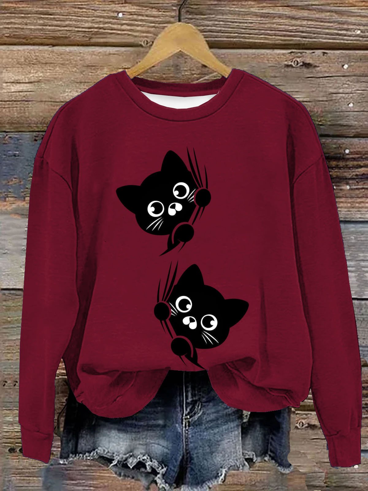 Lustig Katze Print Damen Lässig Langarm Rundhals Pullover Sweatshirt