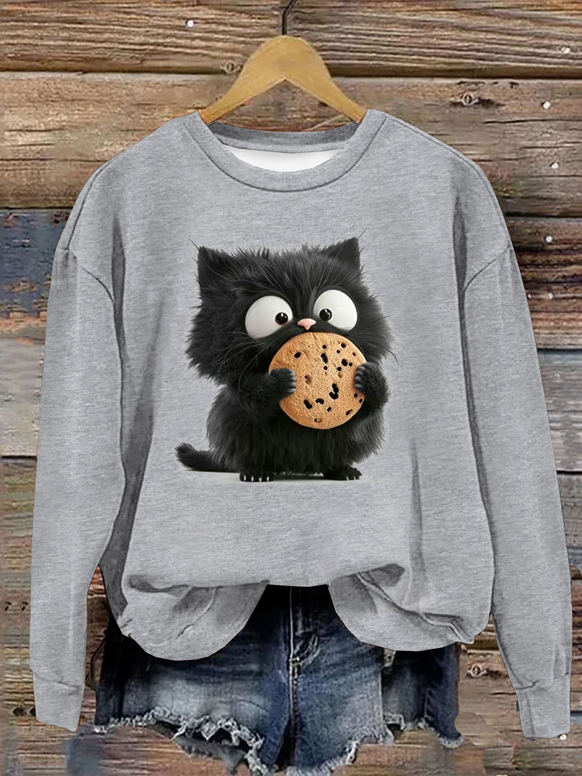 Baumwolle Lässig Katze Rundhals Sweatshirt