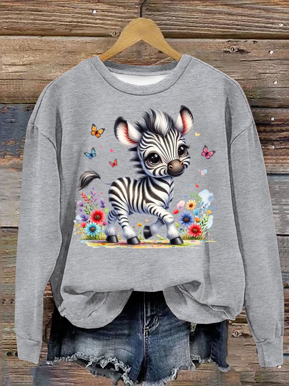 Baumwolle Lässig Zebra Mit Geblümt Rundhals Sweatshirt