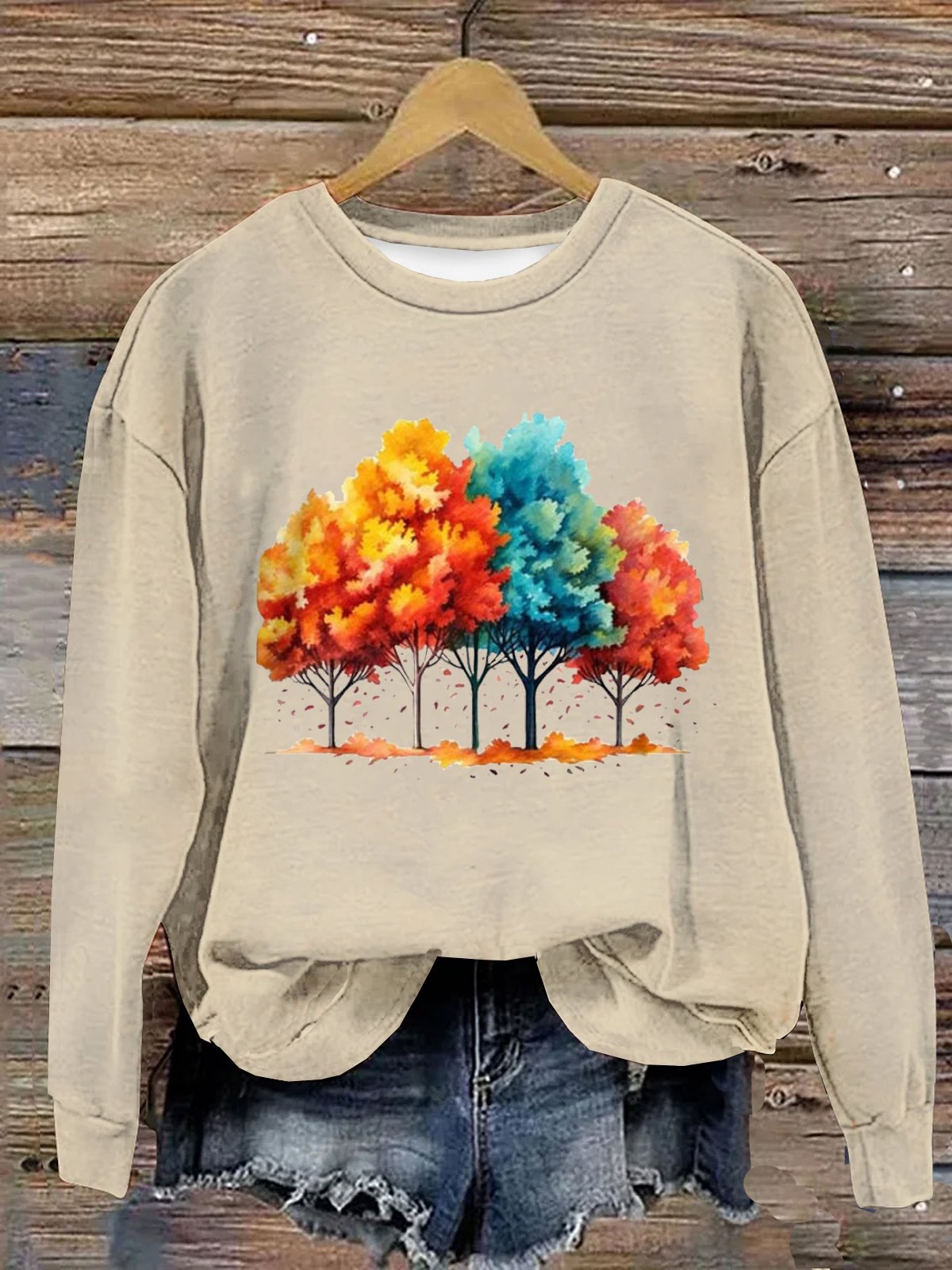 Baumwolle Weit Lässig Baum Sweatshirt