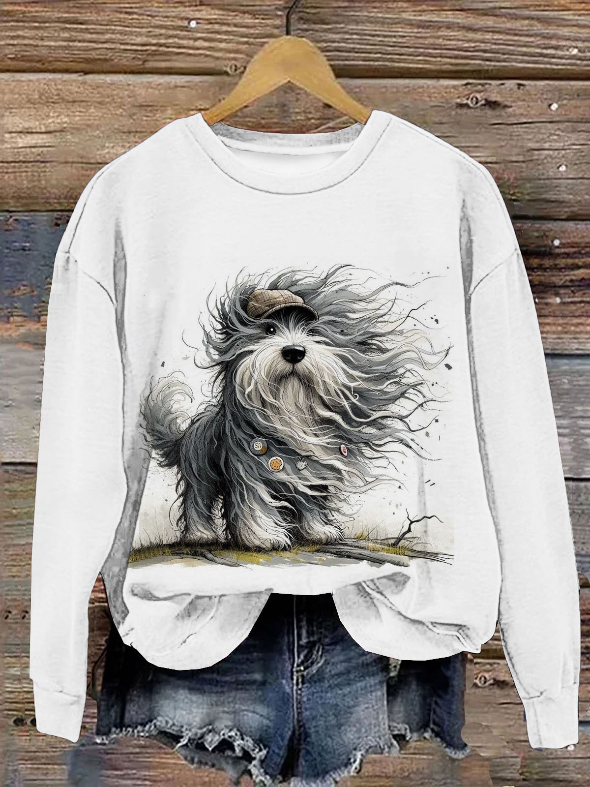 Lustig Hund Print Damen Lässig Langarm Rundhals Pullover Sweatshirt