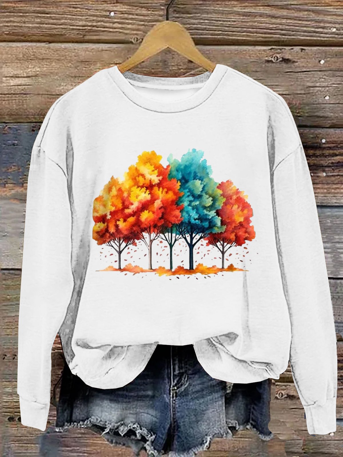 Baumwolle Weit Lässig Baum Sweatshirt