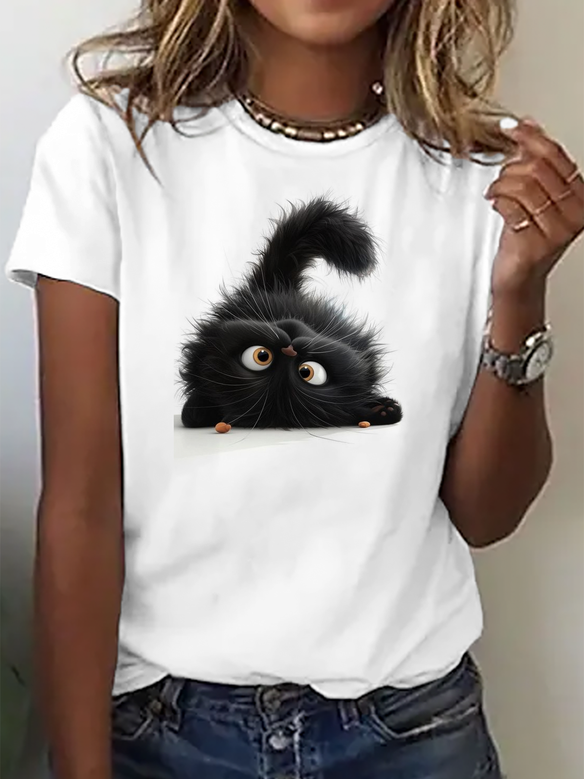 Katze Baumwolle Weit Lässig T-Shirt