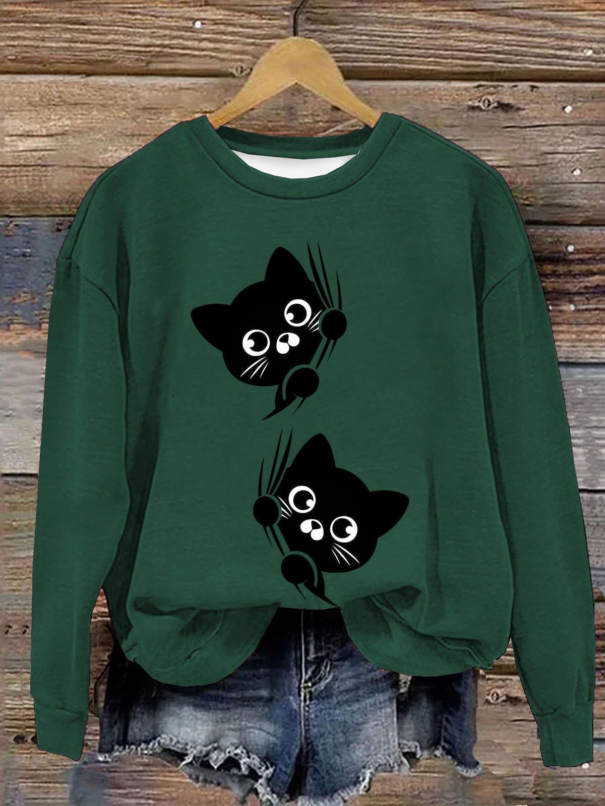 Lustig Katze Print Damen Lässig Langarm Rundhals Pullover Sweatshirt