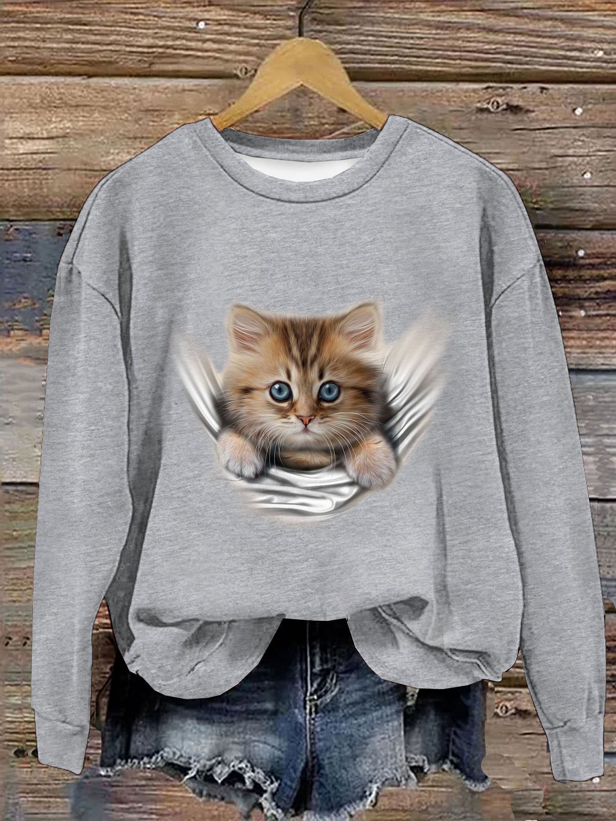 Süß Katze Print Damen Lässig Langarm Rundhals Pullover Sweatshirt