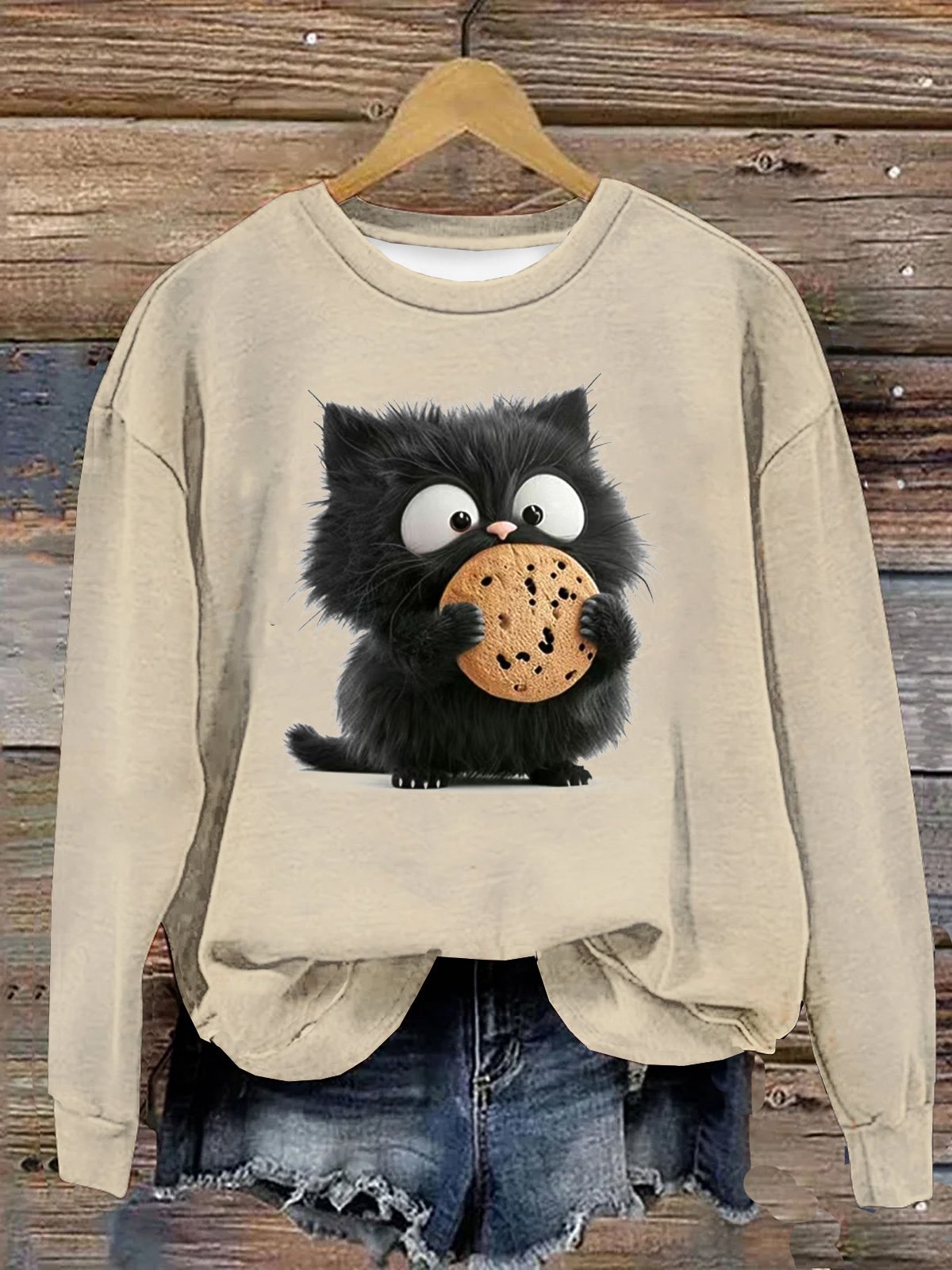 Baumwolle Lässig Katze Rundhals Sweatshirt