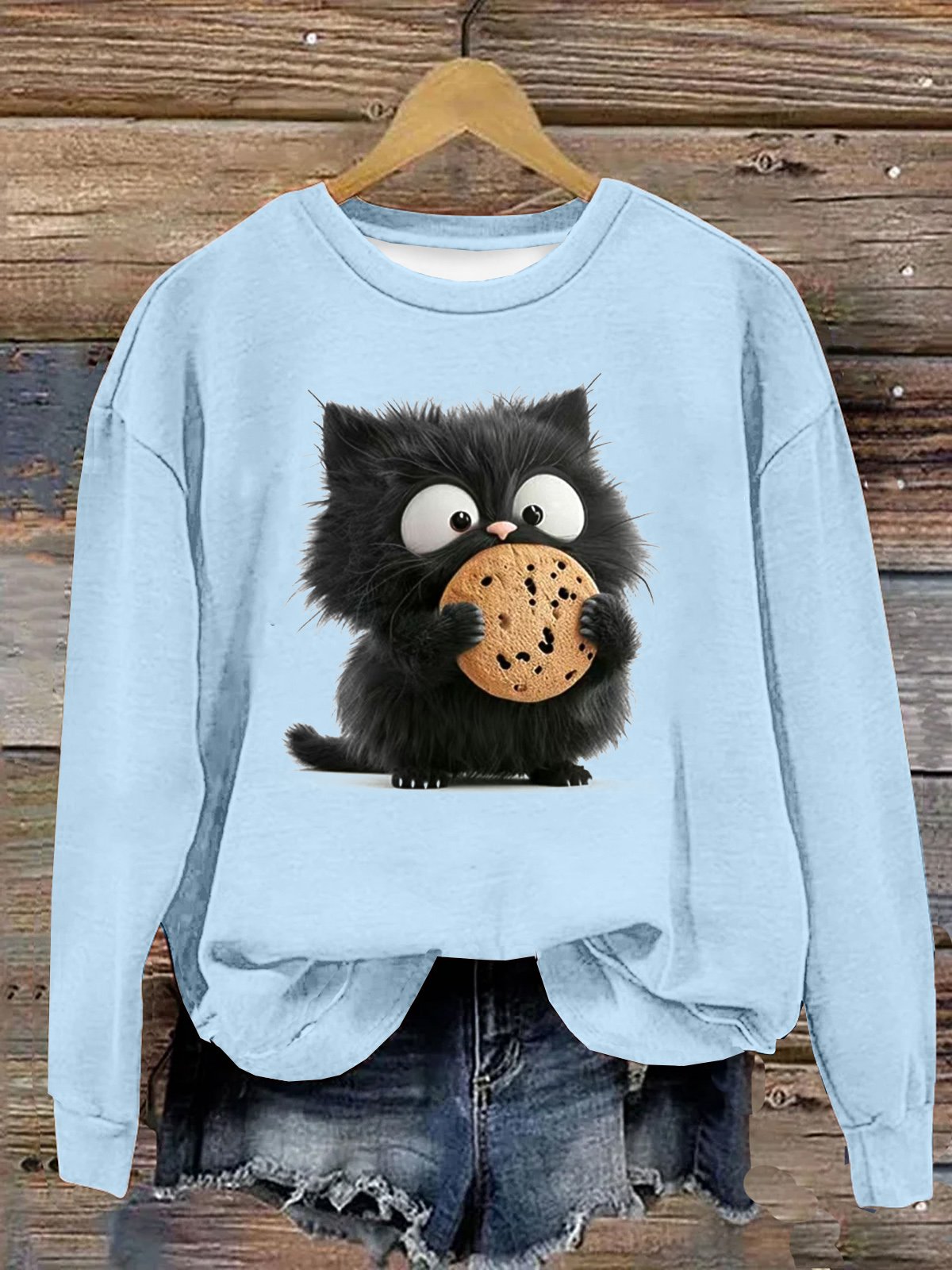 Baumwolle Lässig Katze Rundhals Sweatshirt