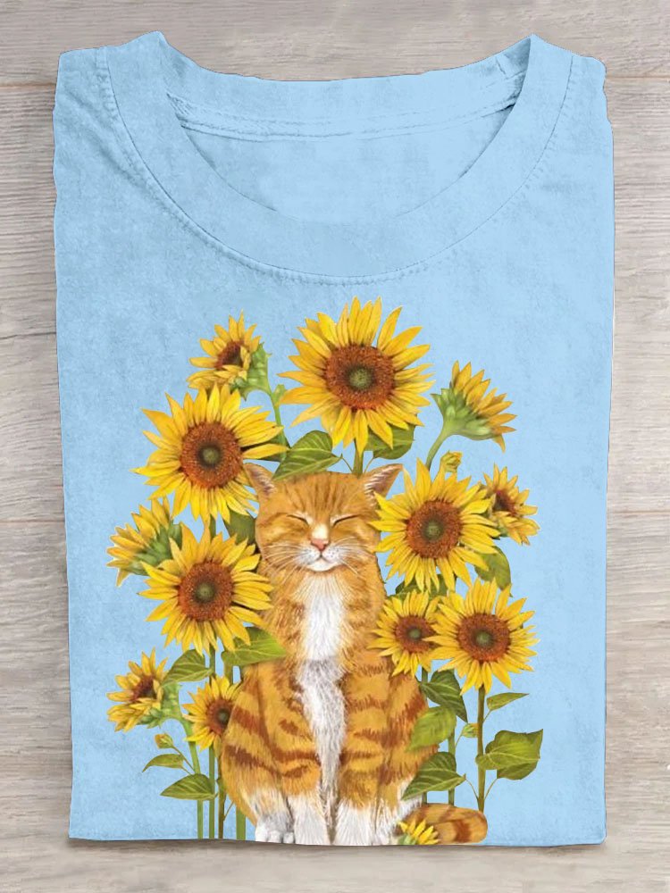 Sonnenblume Katze Print Damen Lässig Kurz Ärmeln T-Shirt