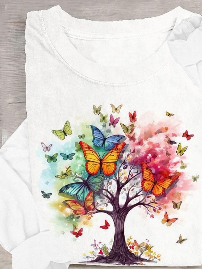 Schmetterling Baum Print Lässig Rundhals Langarm Damen T-Shirt