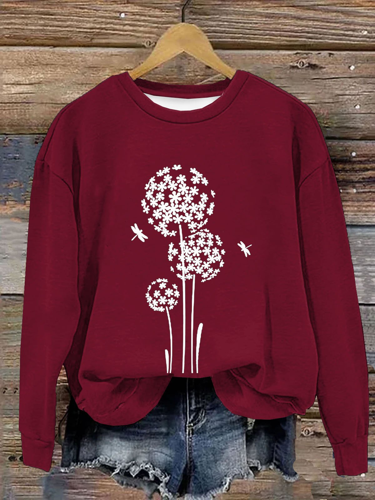 Löwenzahn Print Damen Lässig Langarm Rundhals Pullover Sweatshirt