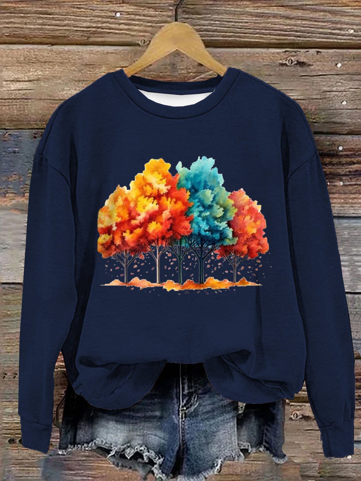 Baumwolle Weit Lässig Baum Sweatshirt