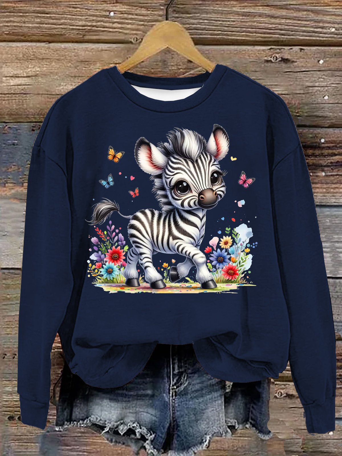 Baumwolle Lässig Zebra Mit Geblümt Rundhals Sweatshirt