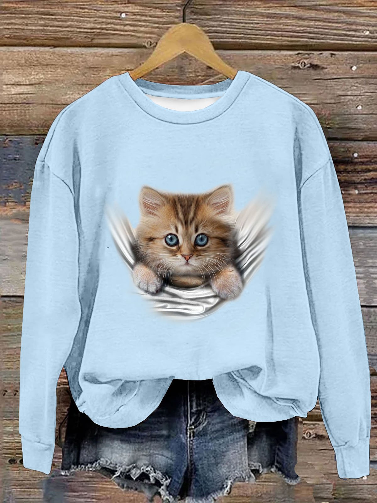 Süß Katze Print Damen Lässig Langarm Rundhals Pullover Sweatshirt