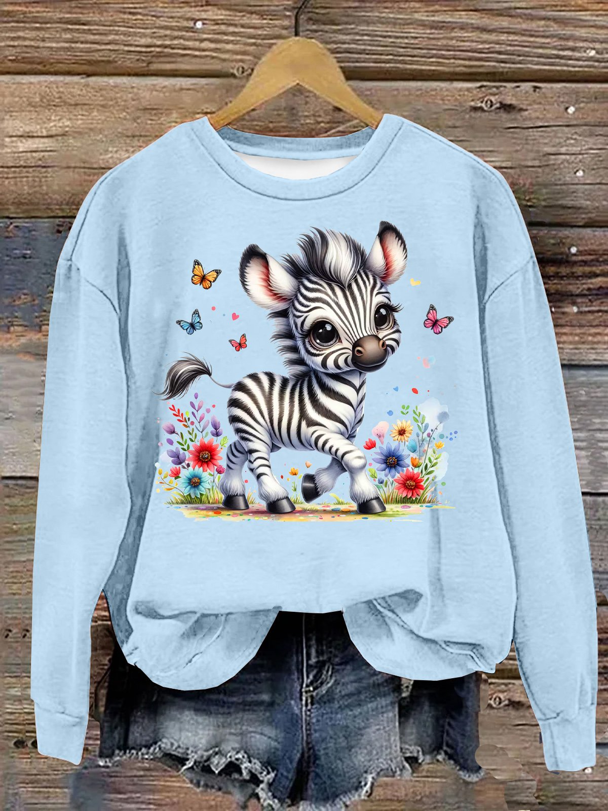 Baumwolle Lässig Zebra Mit Geblümt Rundhals Sweatshirt