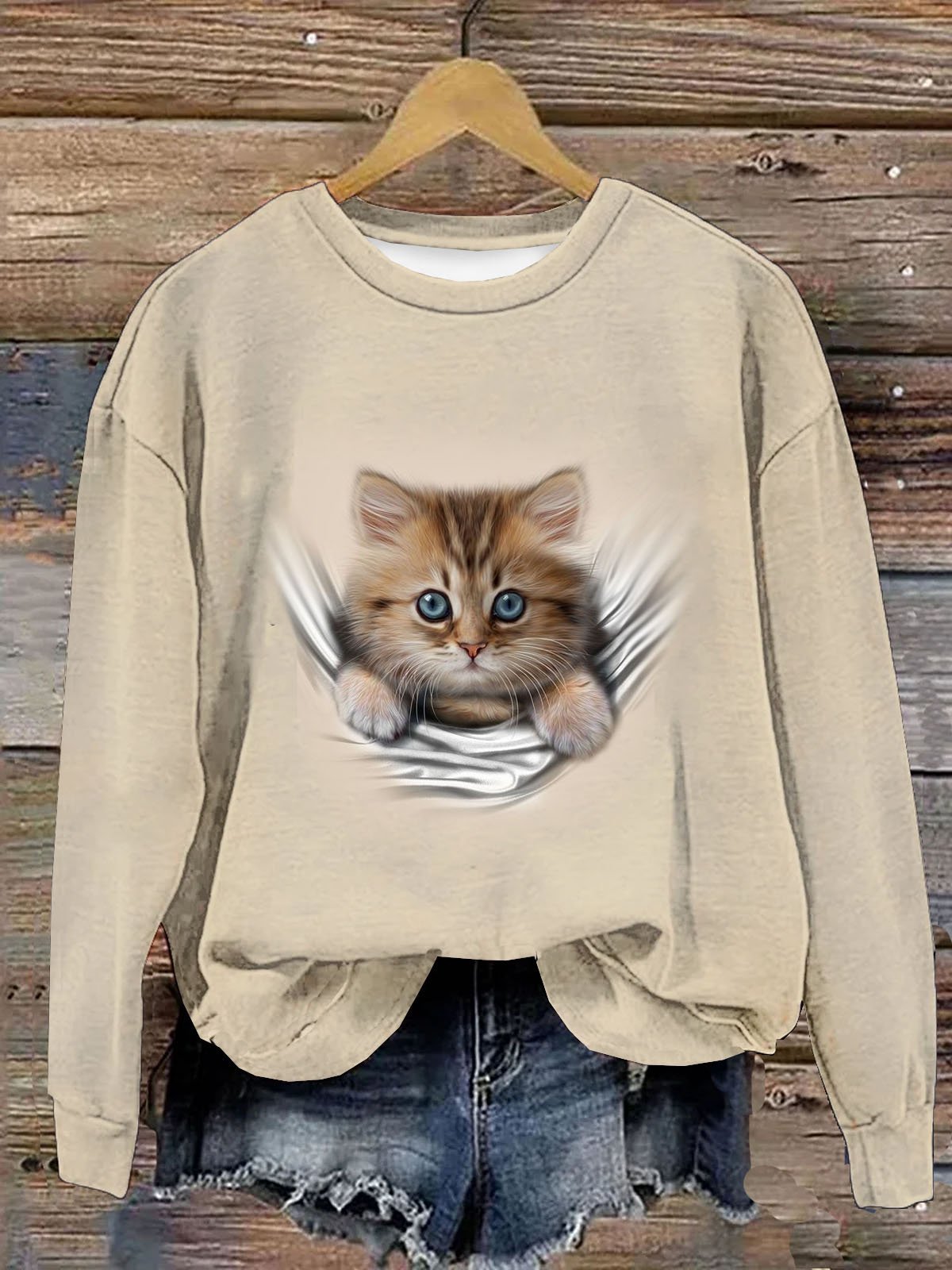 Süß Katze Print Damen Lässig Langarm Rundhals Pullover Sweatshirt