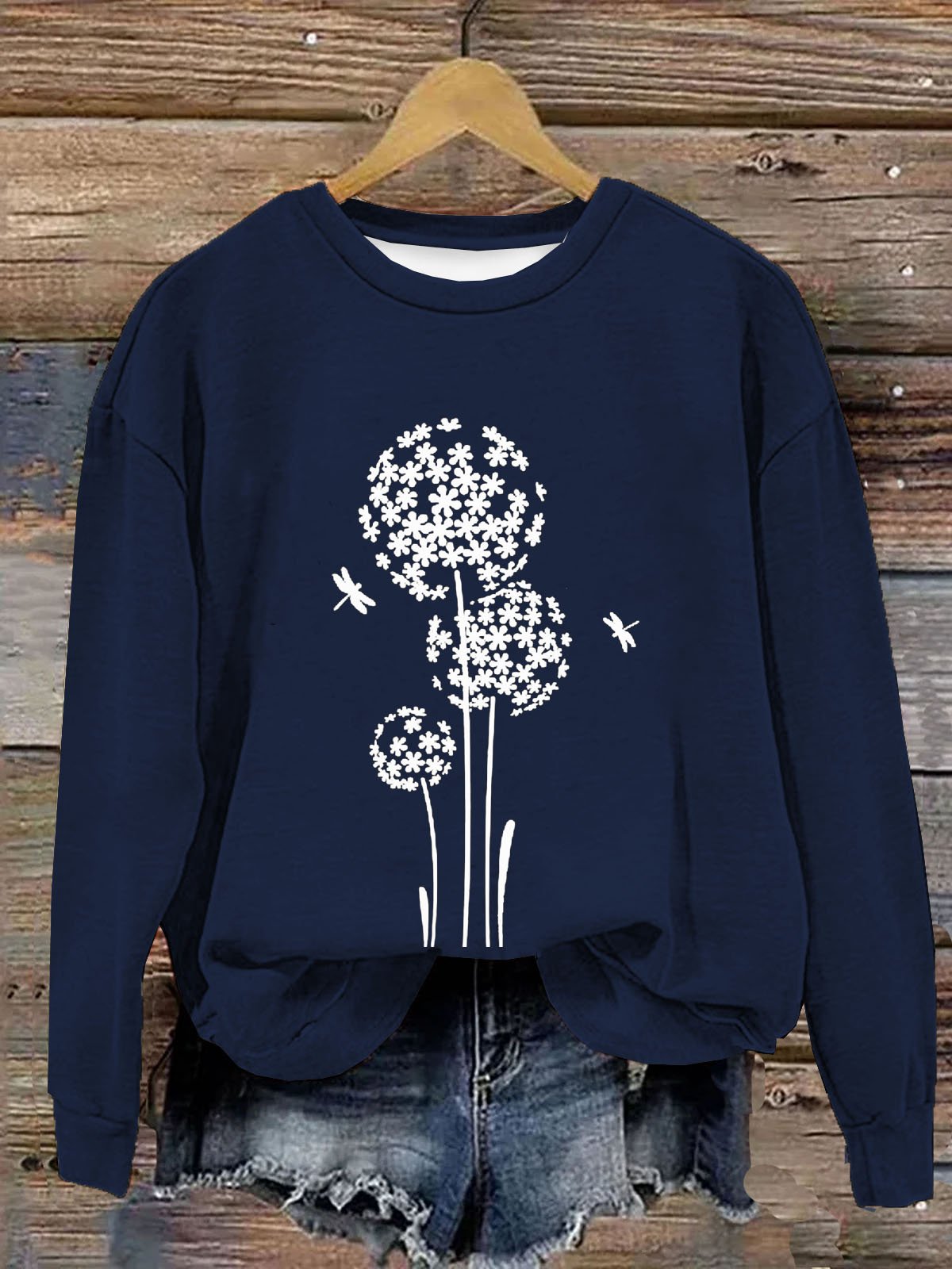 Löwenzahn Print Damen Lässig Langarm Rundhals Pullover Sweatshirt