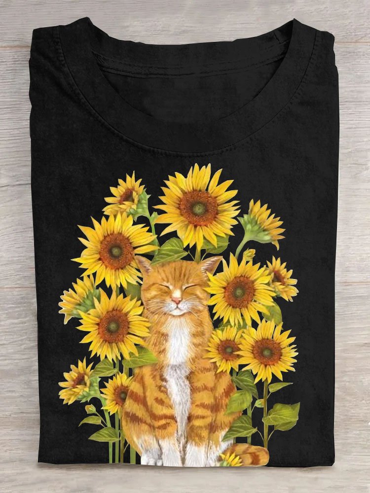 Sonnenblume Katze Print Damen Lässig Kurz Ärmeln T-Shirt