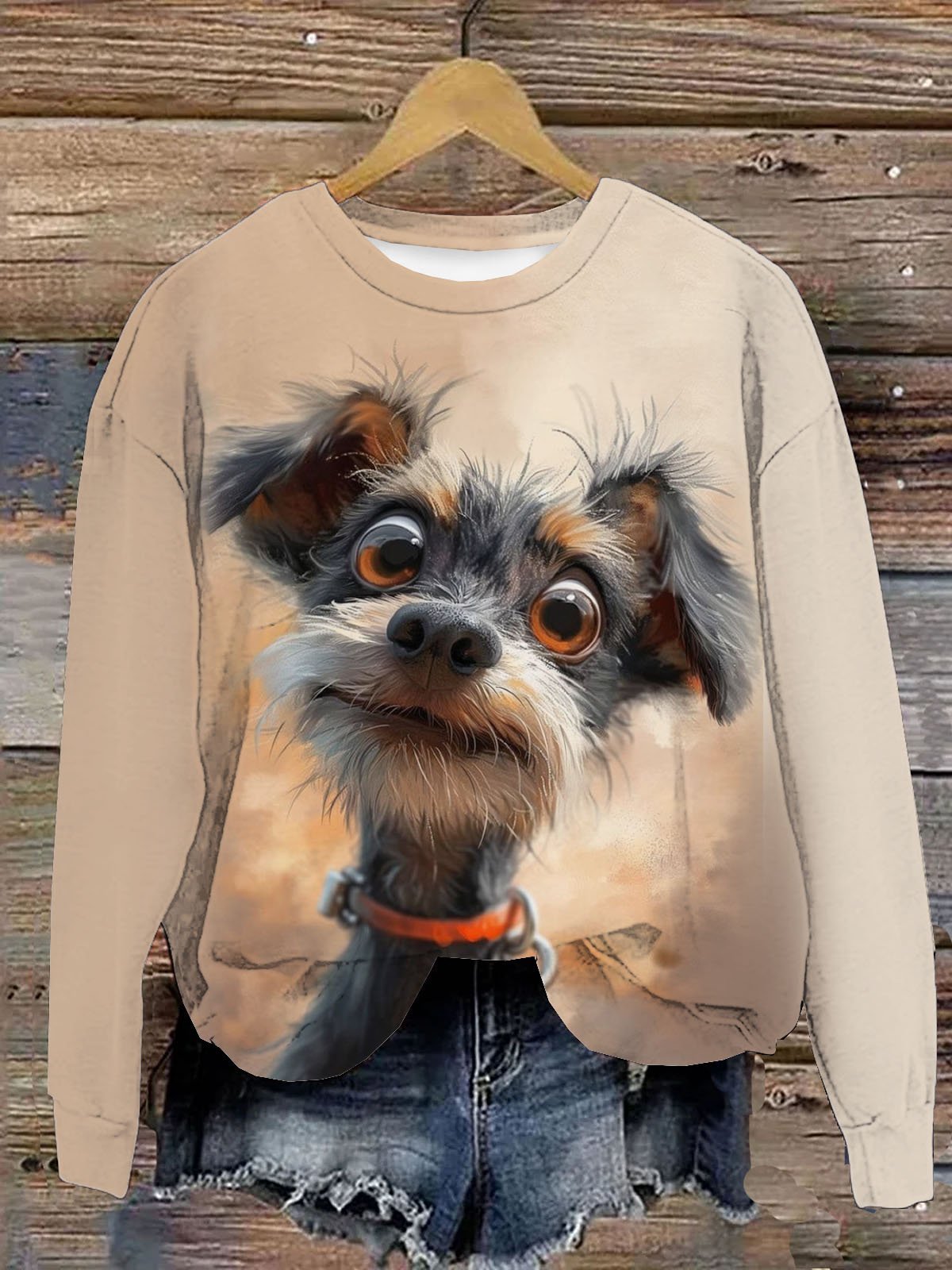 Lustig Hund Print Damen Lässig Langarm Rundhals Pullover Sweatshirt