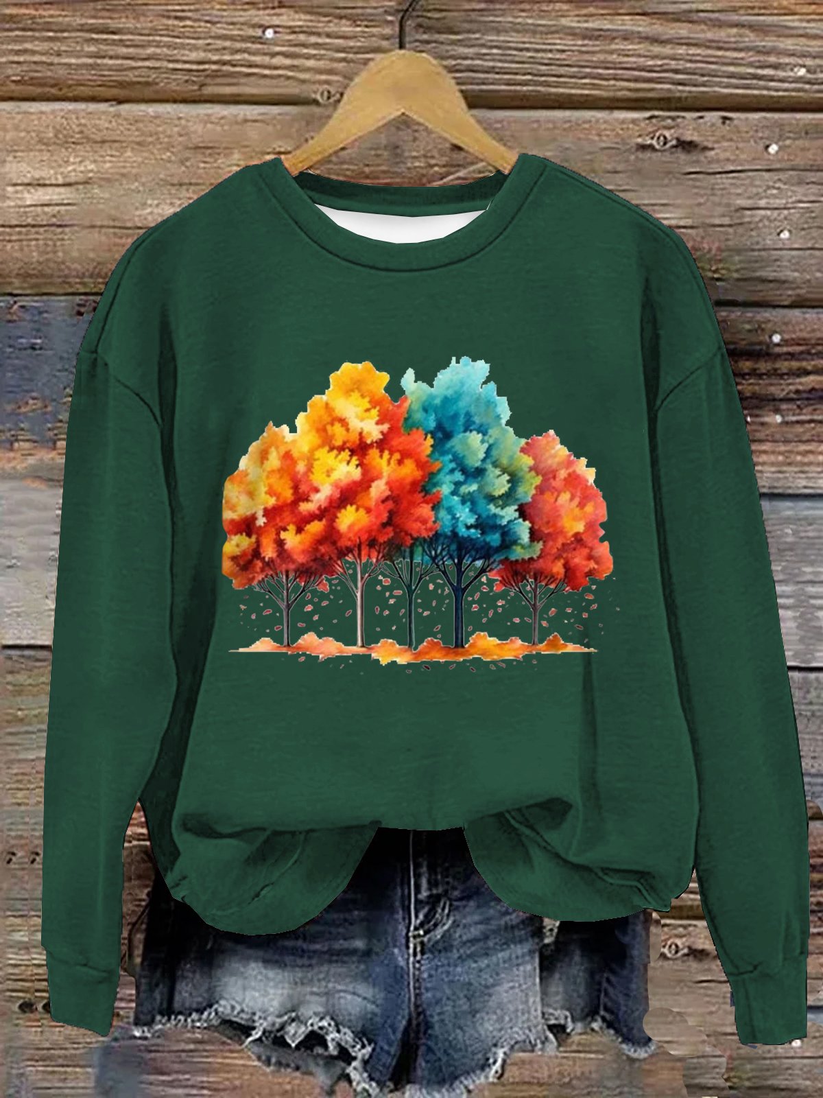 Baumwolle Weit Lässig Baum Sweatshirt