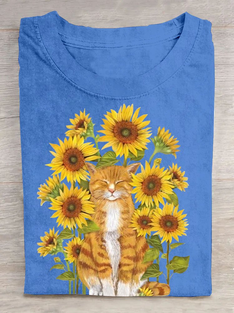 Sonnenblume Katze Print Damen Lässig Kurz Ärmeln T-Shirt