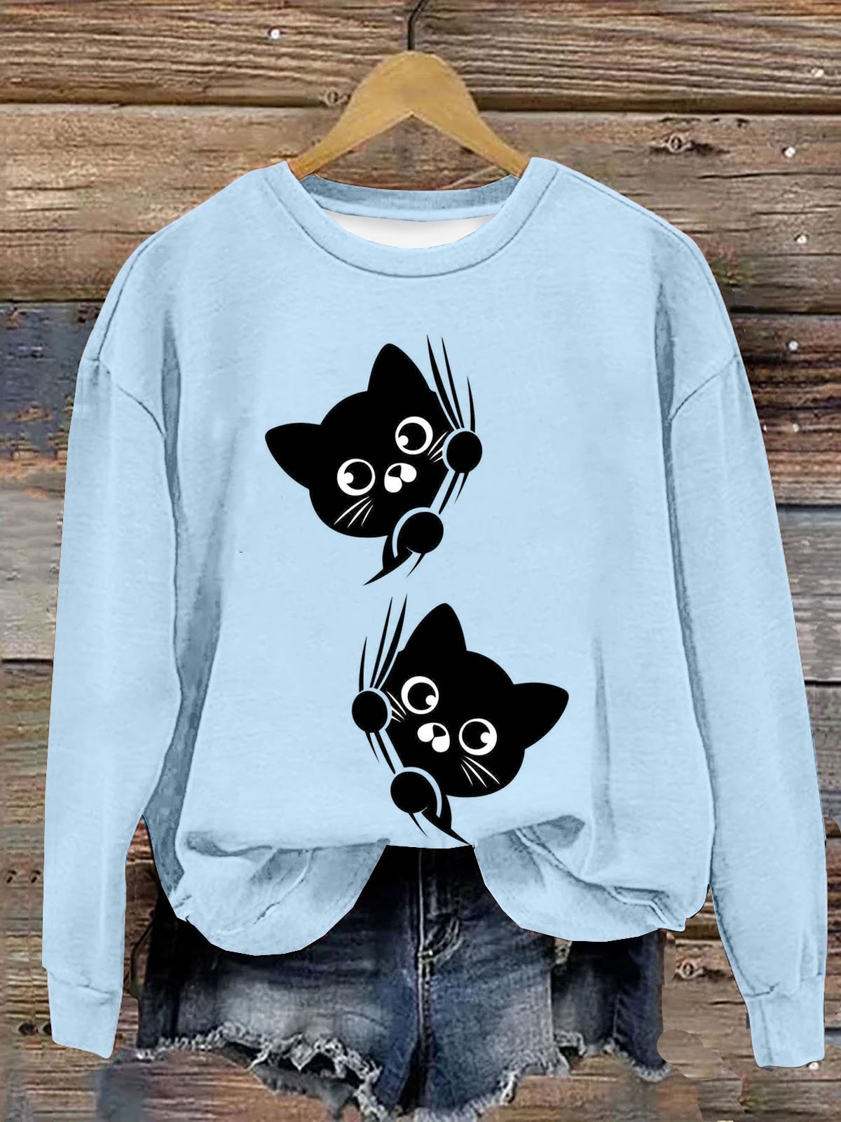 Lustig Katze Print Damen Lässig Langarm Rundhals Pullover Sweatshirt