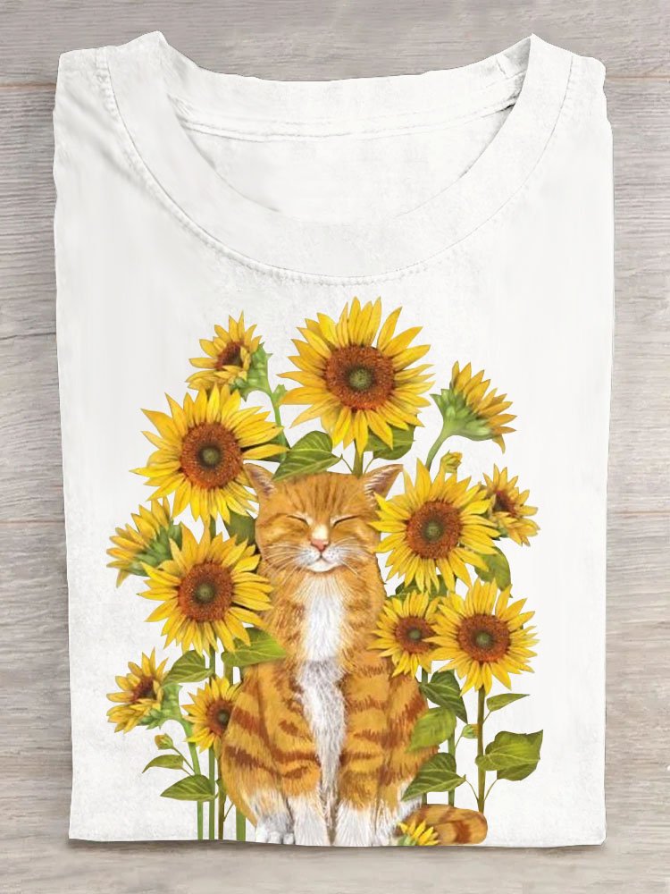 Sonnenblume Katze Print Damen Lässig Kurz Ärmeln T-Shirt