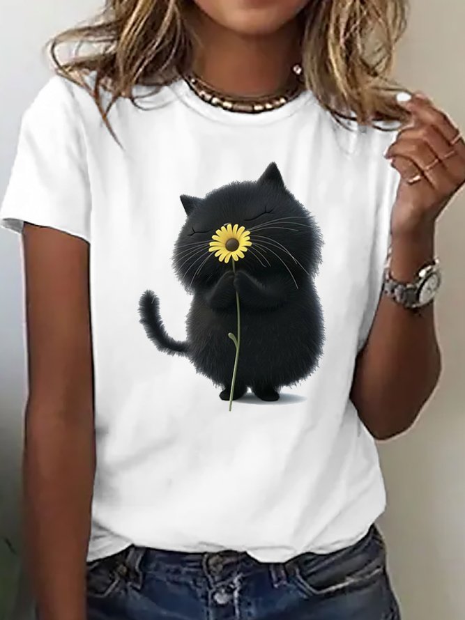 Weit Lässig Katze Baumwolle T-Shirt