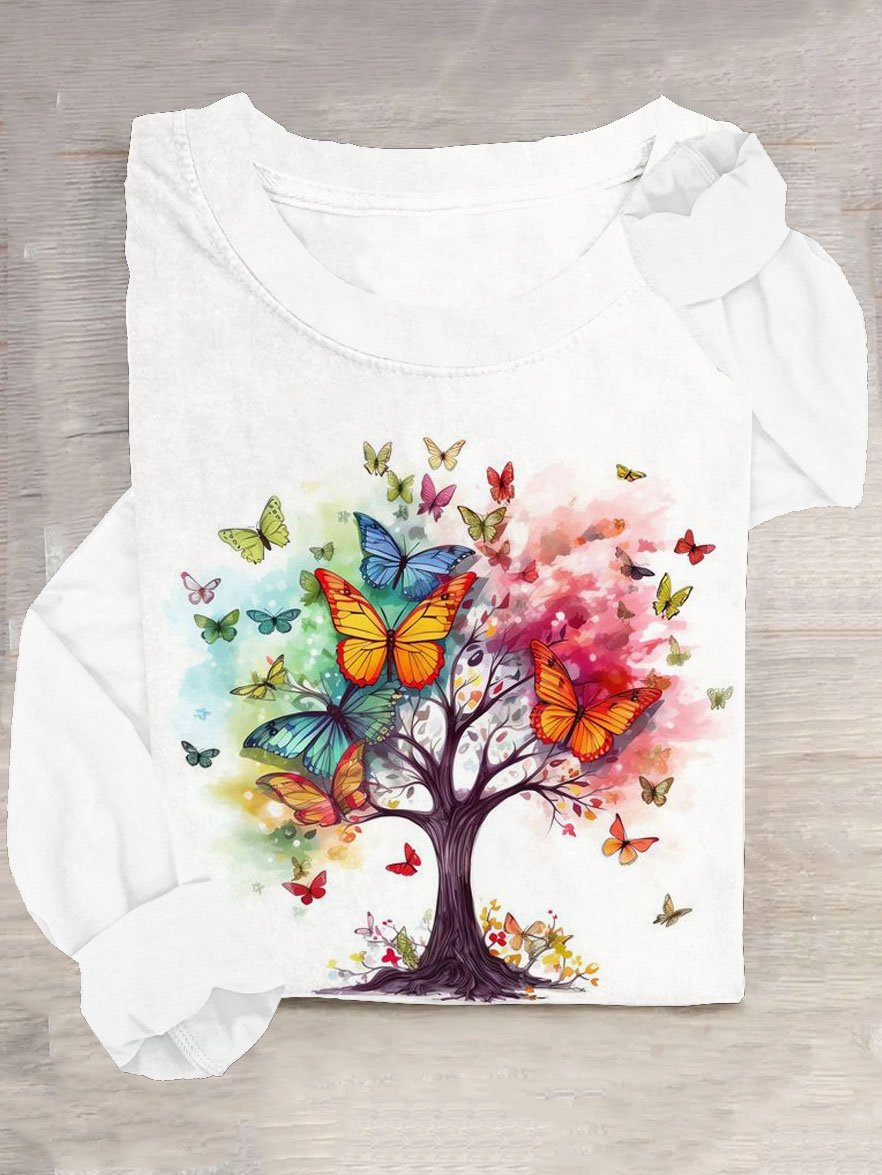 Schmetterling Baum Print Lässig Rundhals Langarm Damen T-Shirt