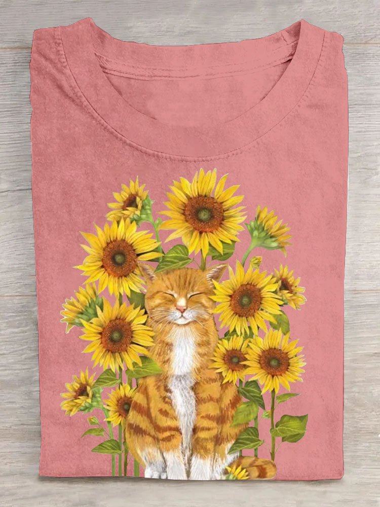 Sonnenblume Katze Print Damen Lässig Kurz Ärmeln T-Shirt